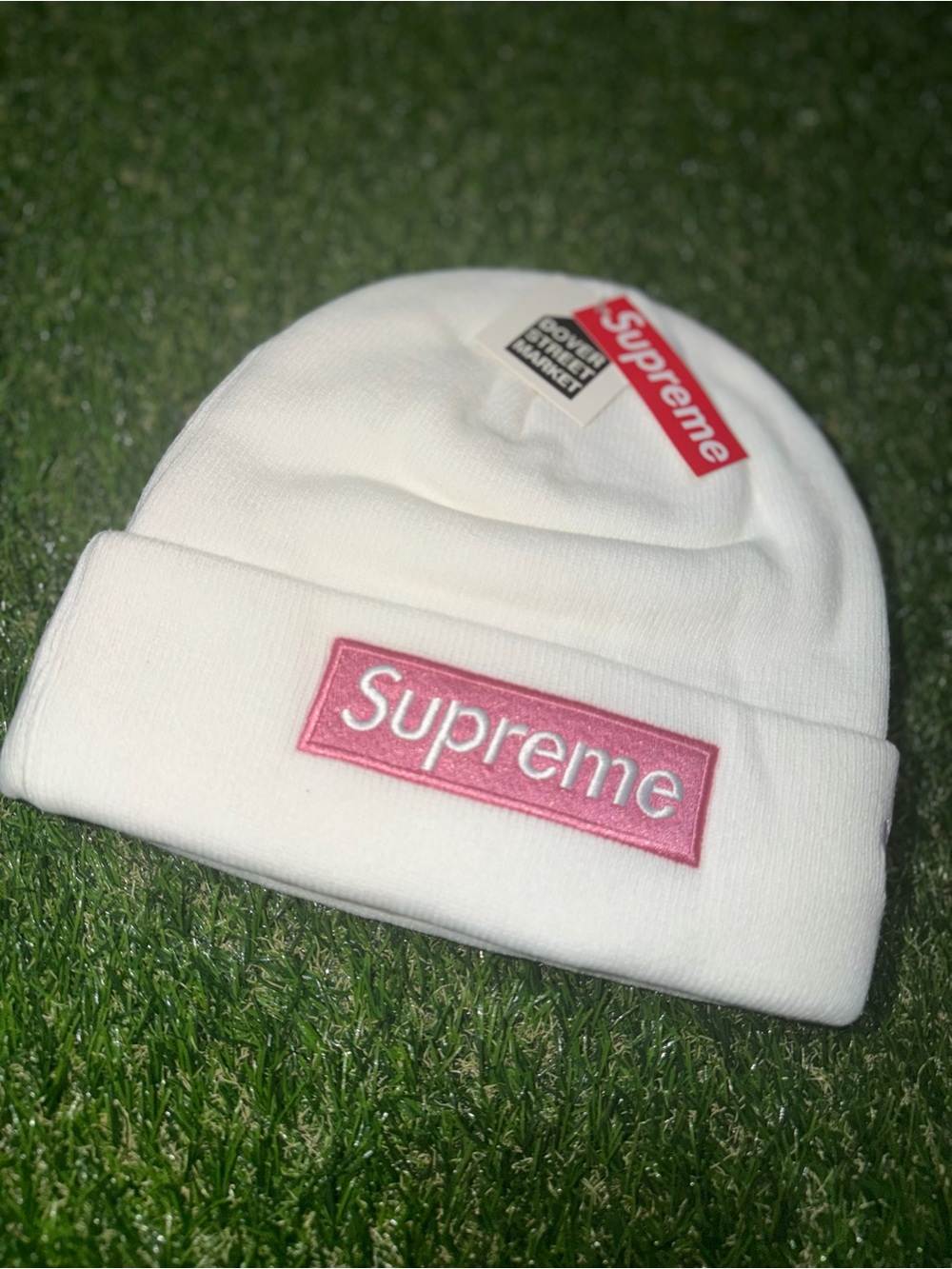 Supreme Kids White Beanie with Pink Box Logo